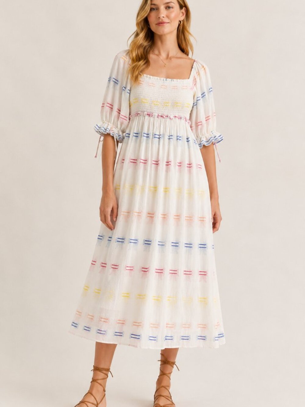 OLIPHANT Smocked Square Neck Midi Dress in White Santiago